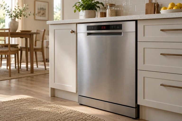 Stainless-steel dishwasher with E15 on the control display.