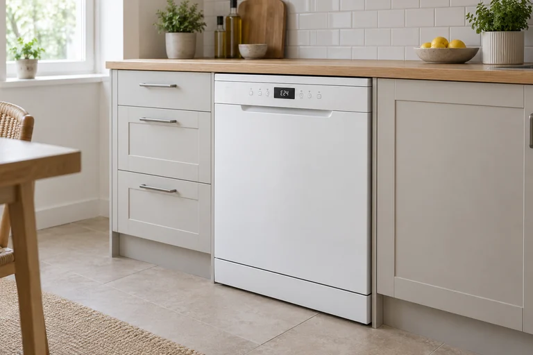 White dishwasher showing E24 beneath a kitchen worktop.