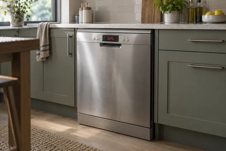 Stainless-steel dishwasher displaying E25 in a kitchen.