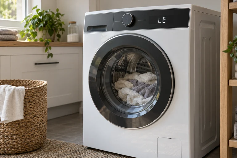 Front-loading washer displaying LE, with towels visible through the closed door.