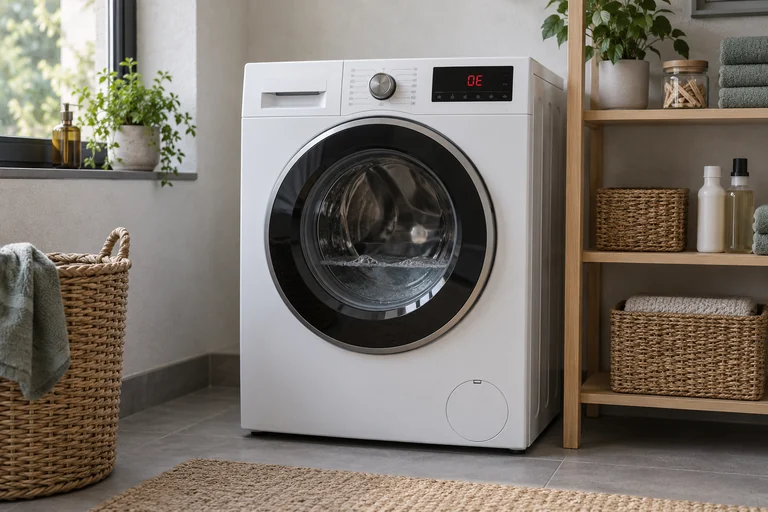 Front-loading washing machine with OE on its display and water behind the closed door.