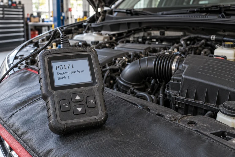 Diagnostic scanner displaying P0171 beside a car engine bay.