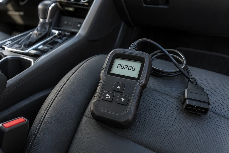 Handheld diagnostic reader displaying P0300 inside a parked car.