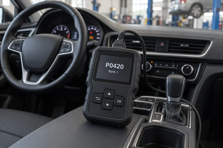 Diagnostic reader showing P0420 and Bank 1 inside a parked car.